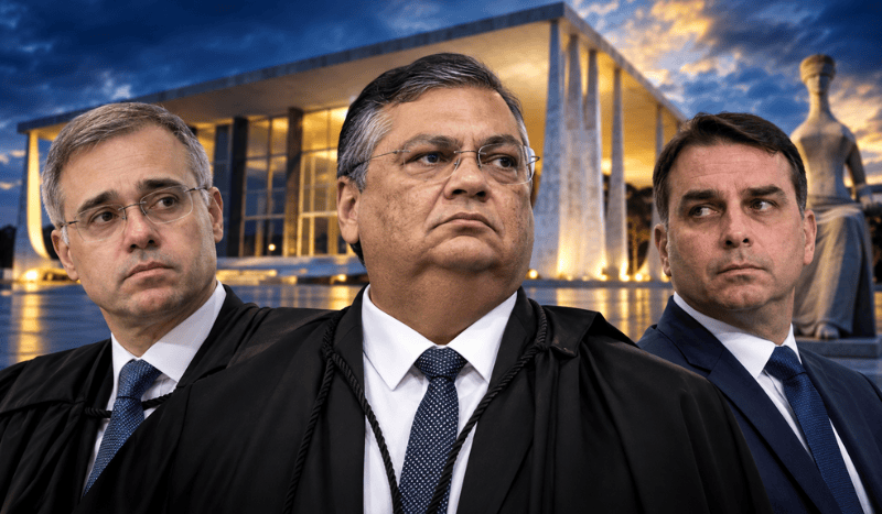 Ilustração editorial em 3D de Flávio Dino, André Mendonça e Flávio Bolsonaro diante da arquitetura do STF, representando a controvérsia sobre publicações eleitorais.