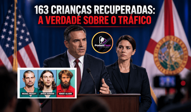 Arte jornalística mostra duas autoridades em coletiva na Flórida, diante das bandeiras dos Estados Unidos e do estado, com a manchete sobre as 163 crianças recuperadas.