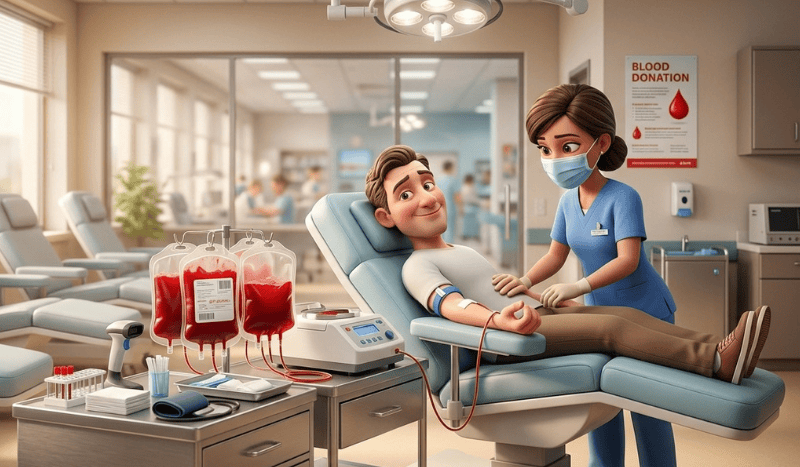 Caricatura editorial ultra-realista em 3D de sala de coleta do banco de sangue do Hospital Municipal de Americana, destacando bolsas de sangue em primeiro plano com iluminação dramática.