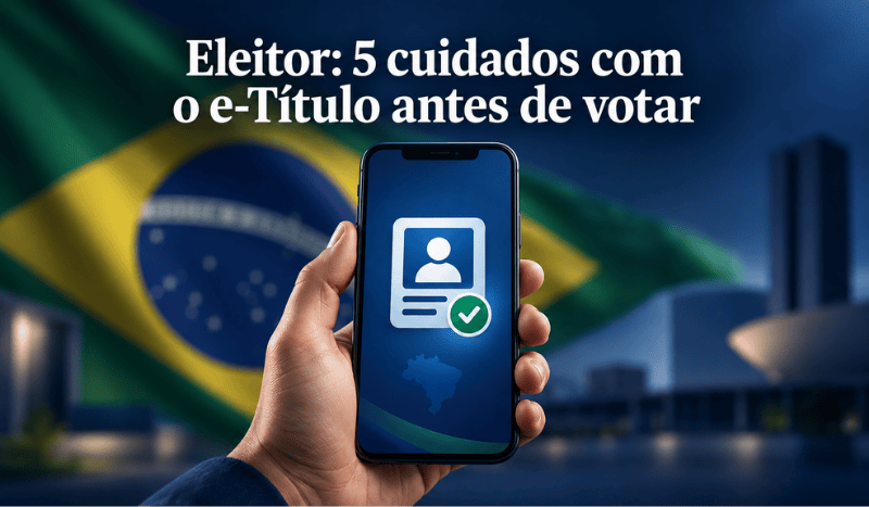 Ilustração de mão segurando celular com símbolo de identificação digital, bandeira brasileira ao fundo e título sobre cinco cuidados com o e-Título antes de votar.