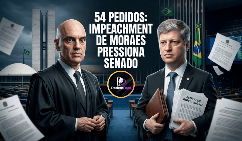 Ilustração editorial de Alexandre de Moraes e Carlos Viana diante do Senado Federal, representando a pressão política provocada pelo 54º pedido de impeachment.