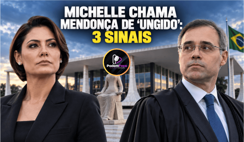 Caricatura editorial realista de Michelle Bolsonaro e André Mendonça em frente ao Supremo Tribunal Federal, com iluminação dramática e título sobre o apoio ao ministro.