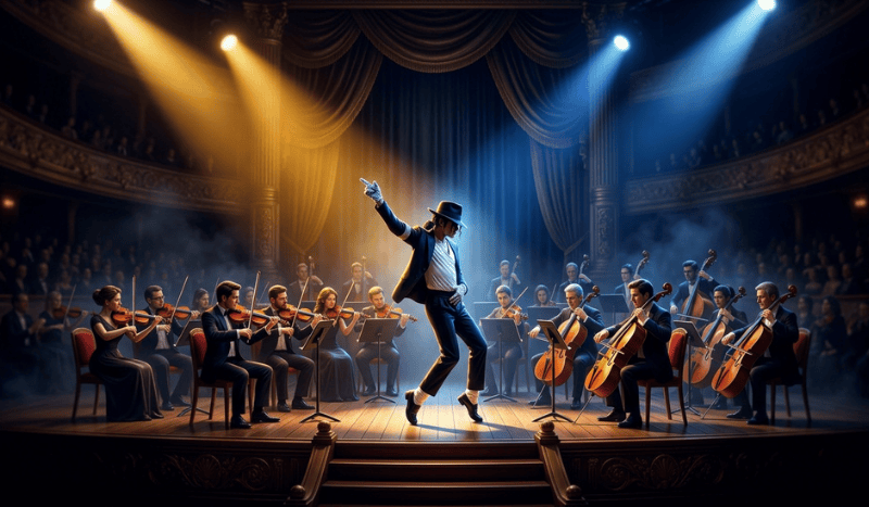 Ilustração estilizada em 3D de um maestro regendo uma orquestra no palco do Teatro Municipal de Americana sob iluminação dramática.