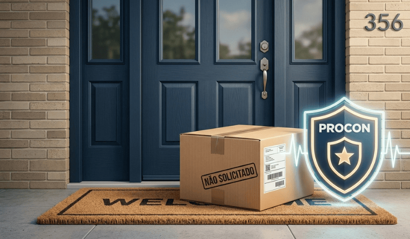 Ilustração em estilo editorial de uma pessoa na porta de casa recebendo um pacote de encomenda não solicitado com um símbolo de alerta do Procon ao fundo.