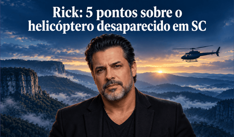 Ilustração digital de Rick diante de montanhas, com helicóptero ao fundo e manchete sobre cinco pontos do desaparecimento em Santa Catarina.