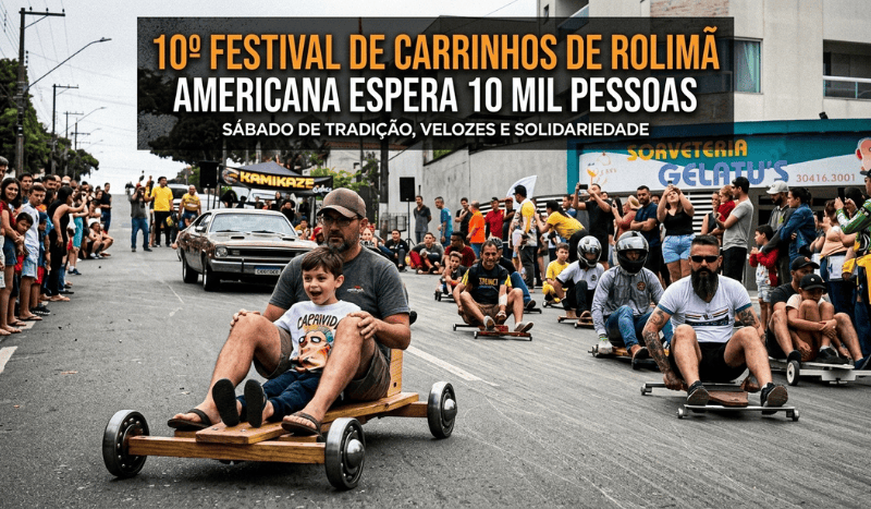 Dezenas de pessoas descendo uma ladeira asfaltada em carrinhos de rolimã artesanais durante o festival em Americana.