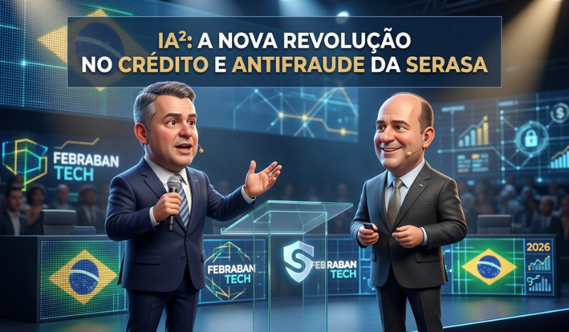 Executivos da Serasa Experian apresentando a tecnologia IA² para prevenção a fraudes e análise de crédito na Febraban Tech 2026.
