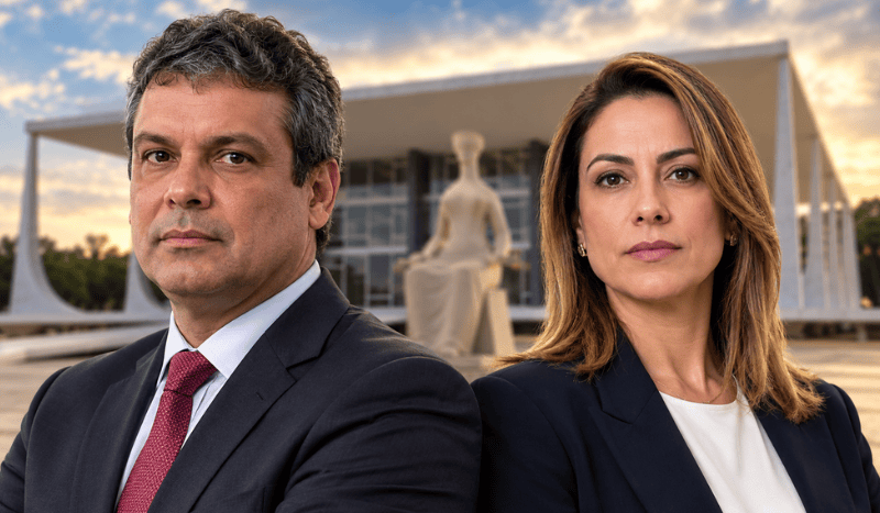 Ilustração editorial em 3D de Lindbergh Farias e Soraya Thronicke diante de uma representação desfocada do STF.