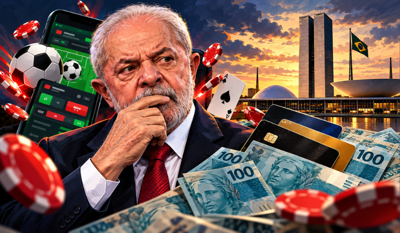 Caricatura editorial 3D realista do presidente Luiz Inácio Lula da Silva em ambiente institucional, com elementos visuais relacionados a apostas online, cartões de crédito e endividamento ao fundo, ilustrando reportagem sobre sua declaração de que não conhecia a gravidade do problema das bets.