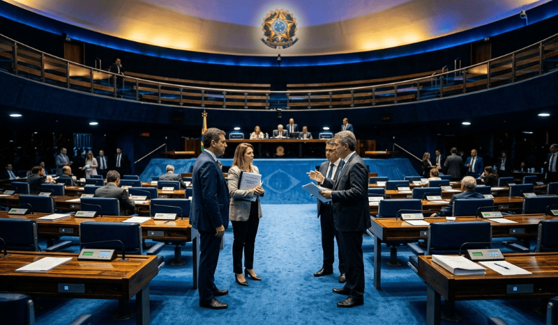 Ilustração jornalística estilizada em 3D realista representando o Plenário do Senado Federal do Brasil, com a nova bancada de senadores em destaque e iluminação dramática de cobertura de notícias.