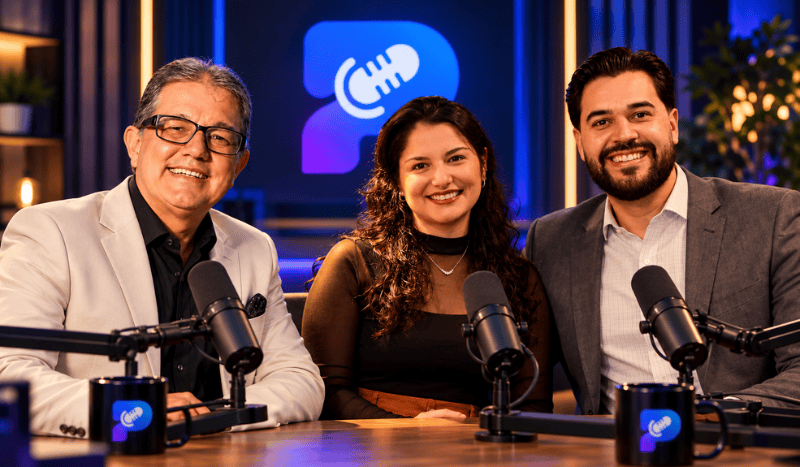 Ilustração editorial de Ariel Maia e Daniela Francisqueti Maia representando sua trajetória de transição do setor bancário para o empreendedorismo no mercado de seguros, em destaque para entrevista no podcast PodEmFoco.