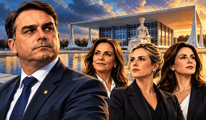 Ilustração editorial representando Flávio Bolsonaro e três mulheres consideradas para futuras vagas no Supremo Tribunal Federal, com a sede do STF ao fundo.