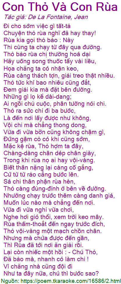 Hứa kim tuyền, xuân ty sáng tác rap: Loi bai tho Con Tho Va Con Rua (De La Fontaine, Jean)