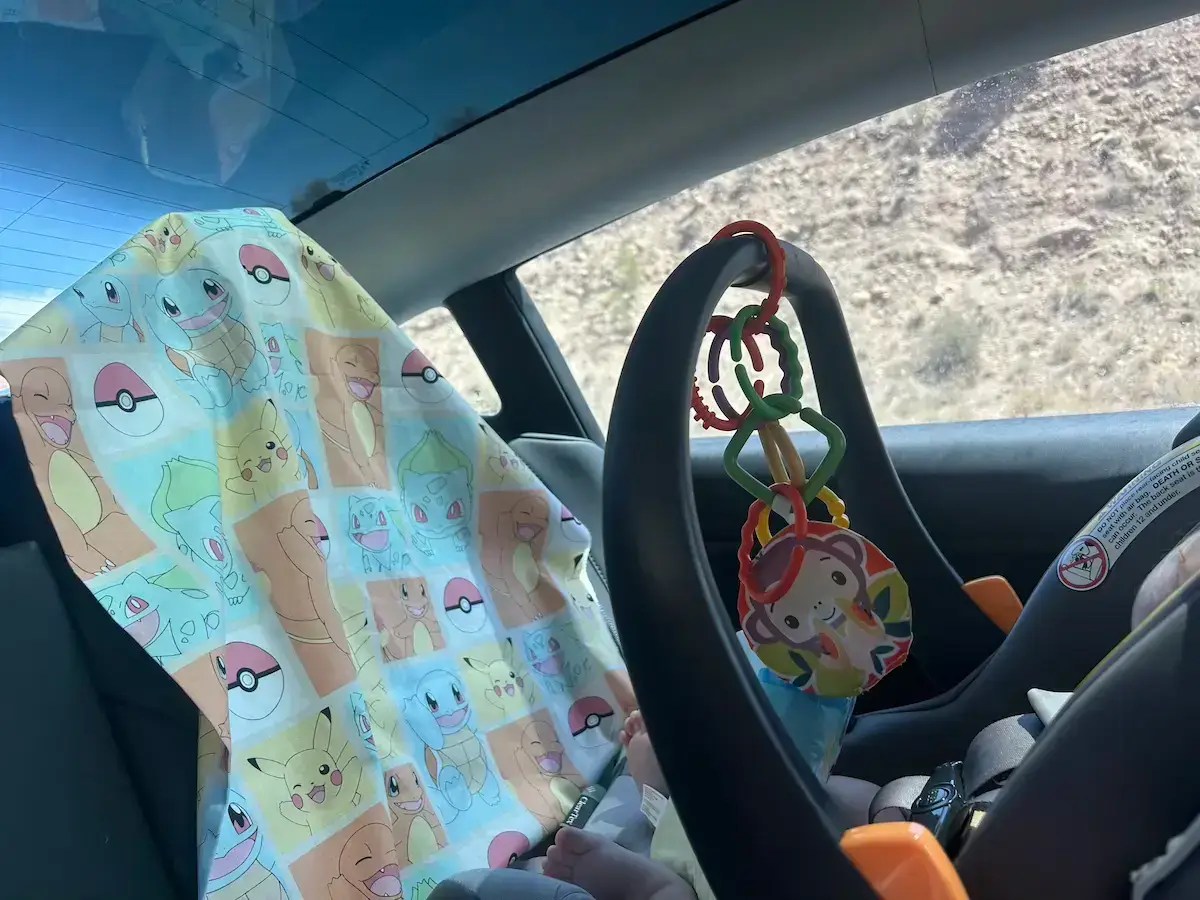 Pokemon cloth and a car seat with toys dangling from the handle inside a car