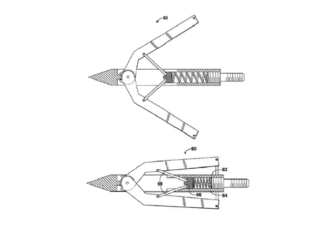Technical drawing of a two-armed plier-type clamp with pointed jaws and a threaded screw, shown in extended and retracted positions.