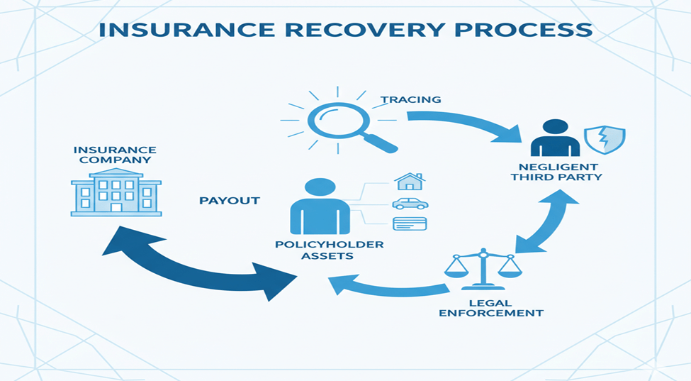 Illustration of the third party recoveries in insurance , showing the whole recovery process from insurers paying claims, subrogation, tracing assets to legal enforcement.