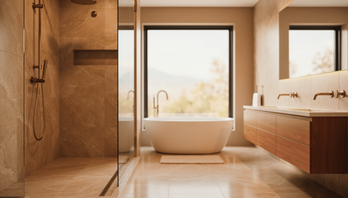 A curbless primary bathroom that reads as design, not accommodation Luxury curbless primary bathroom with linear drain shower and no visible accessibility features