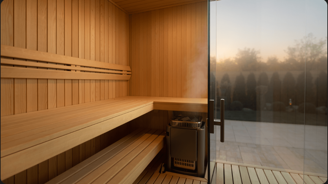 Photorealistic architectural interior photograph of a minimalist home sauna in... Photorealistic architectural interior photograph of a minimalist home sauna in a Beverly Hills modern residence, light cedar wood benches and wall...