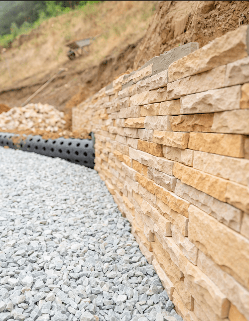 Detail shot: retaining wall construction with visible drainage gravel and drain pipe before backfill Detail shot: retaining wall construction with visible drainage gravel and drain pipe before backfill