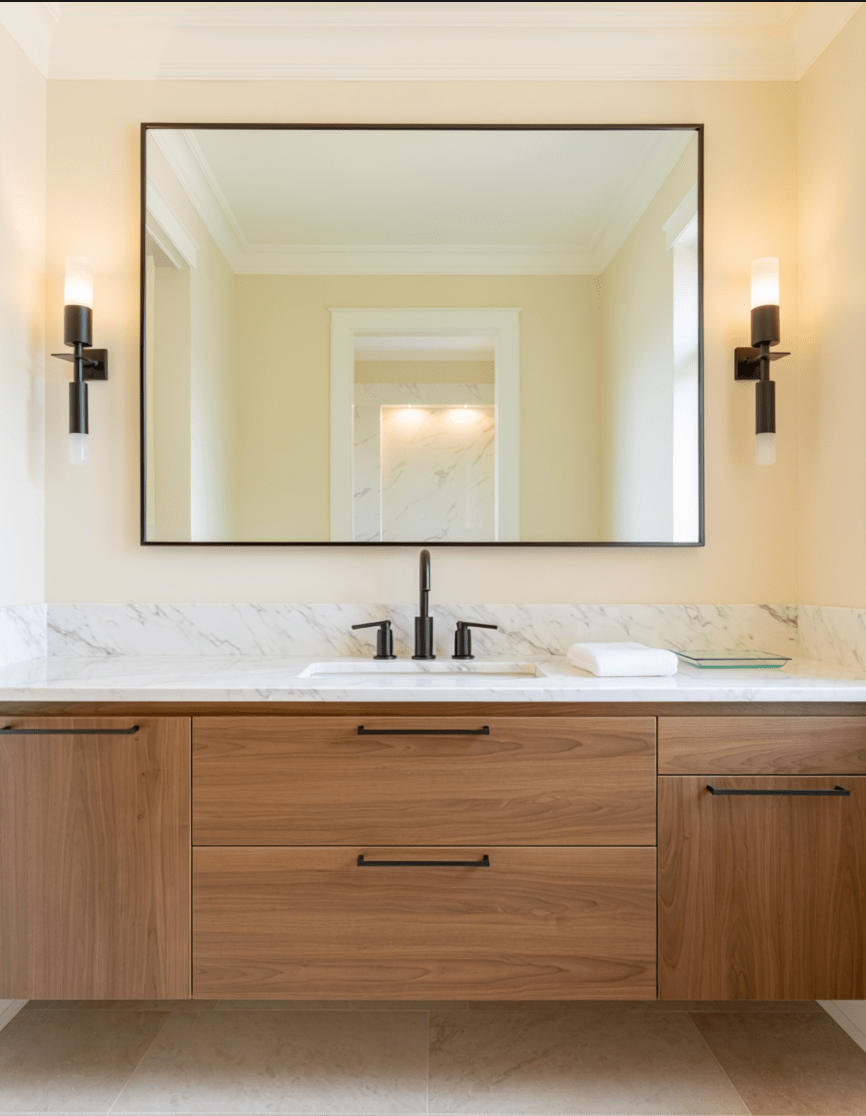 Task light at face height Primary bathroom vanity with layered sconce and ambient lighting