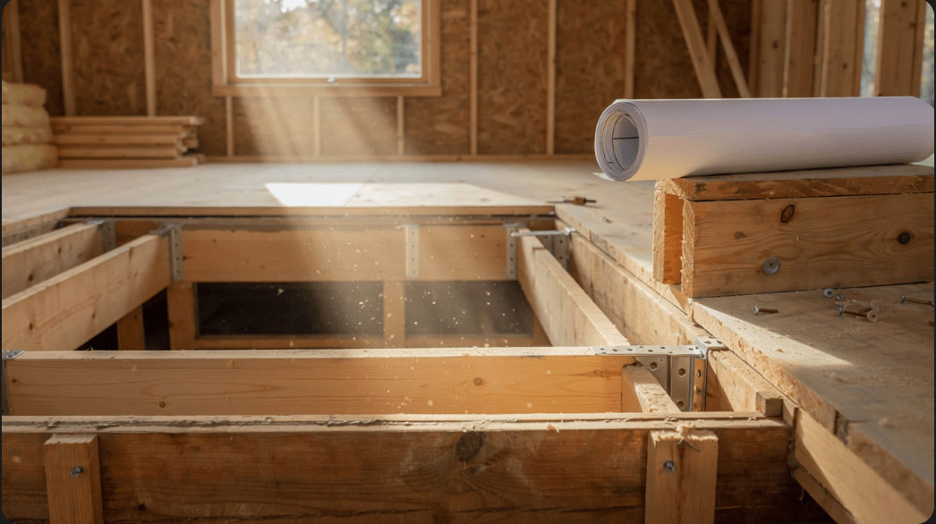 Photorealistic architectural construction photograph showing an open subfloor... Photorealistic architectural construction photograph showing an open subfloor during a wellness room renovation, reinforced floor joists and...