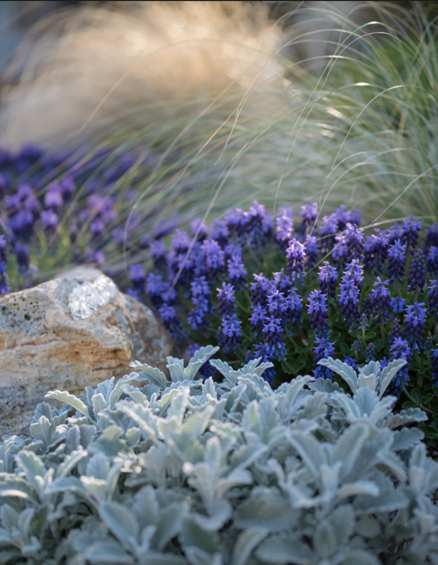 Layered drought-tolerant plant palette, detail Close-up texture shot of a layered drought-tolerant plant palette bed with silver-leaf salvia, ornamental grasses, and natural boulders