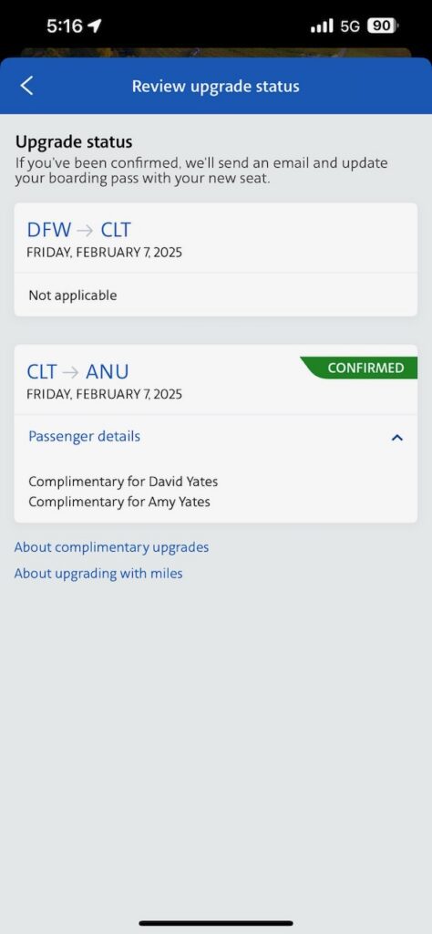 Flight upgrade confirmation details displayed.