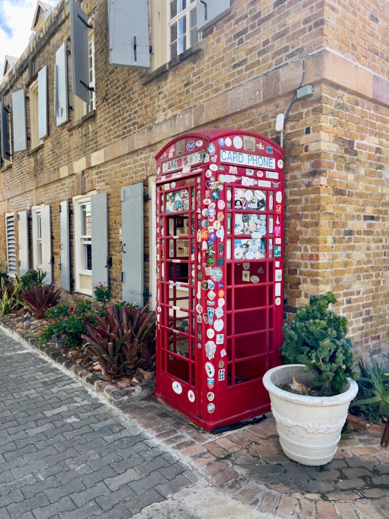 Decorated red telephone booth.