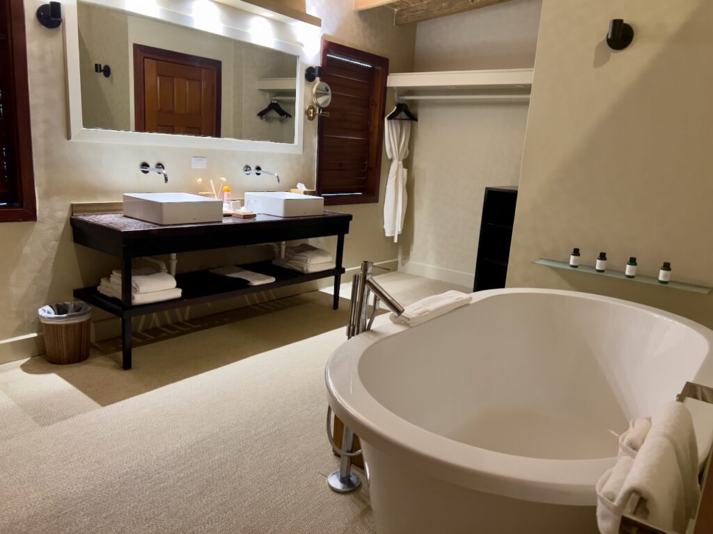Elegant bathroom with dual sinks.
