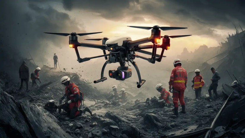 Drone conducting a search and rescue operation in a disaster zone