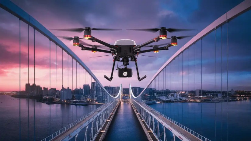 Drone with AI sensors inspecting a bridge