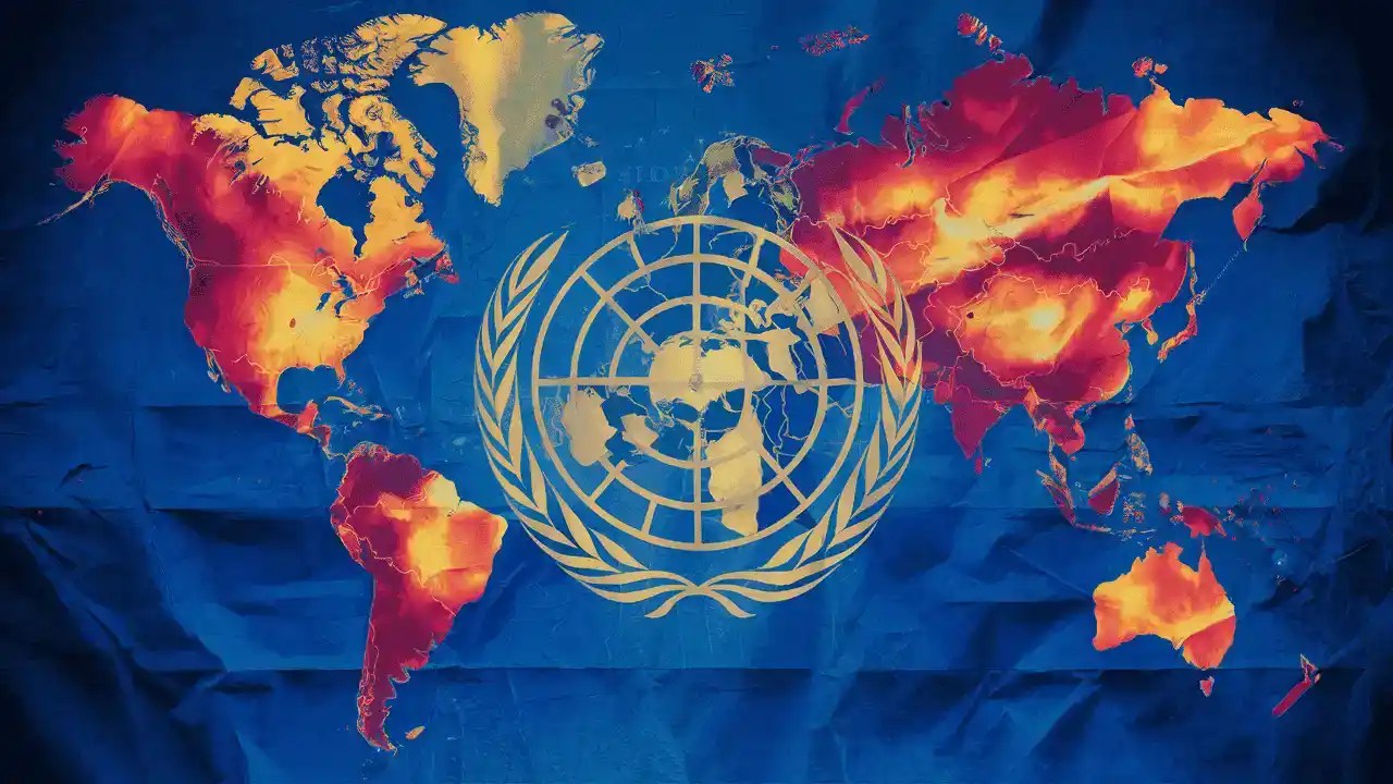 United Nations flag with a world map background
