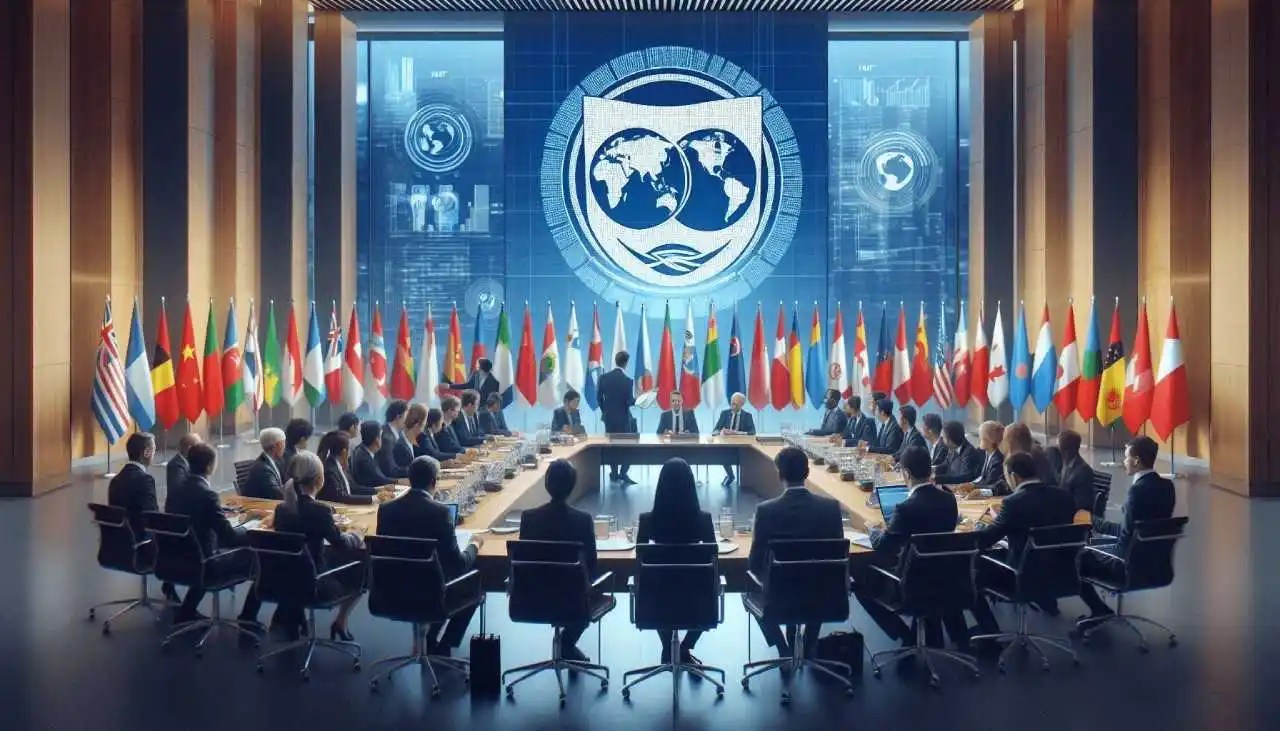 A diverse group of economists and financial experts collaborating at an IMF conference, with flags of various countries, charts and graphs on screens, and the IMF logo displayed prominently.