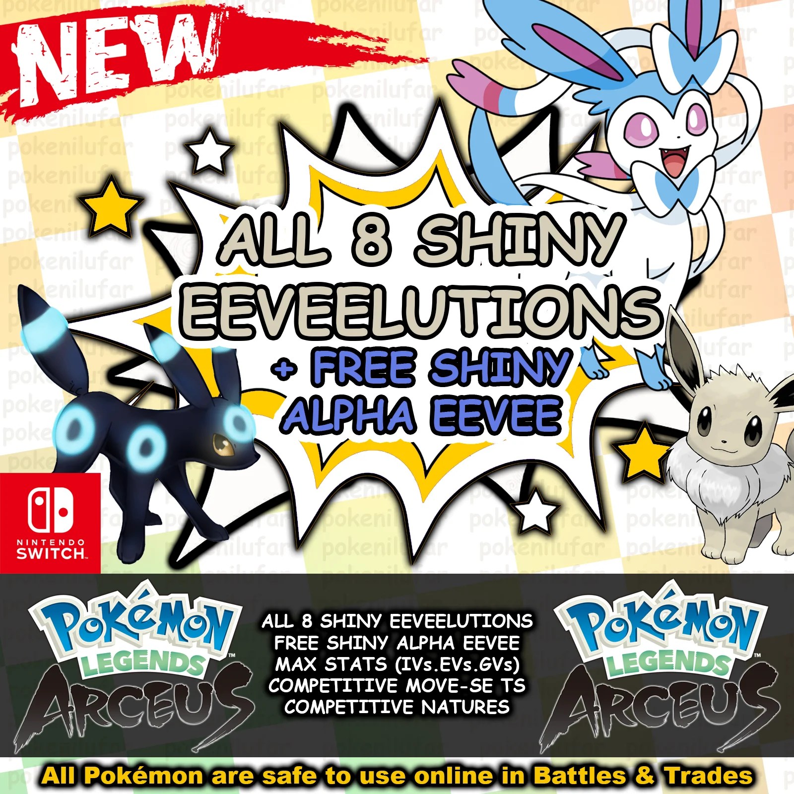 Shiny 6IV Eevee For Pokémon Legends Z-A – Fast Trade, Level 1, Rare, Nintendo Switch