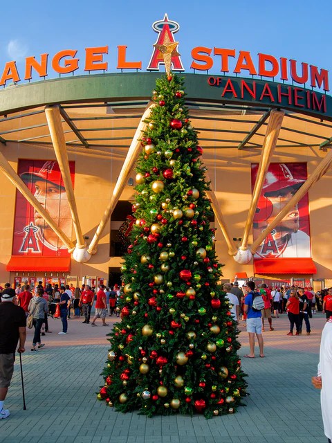 Patterned Star Tree Topper on tree at Angel Stadiums