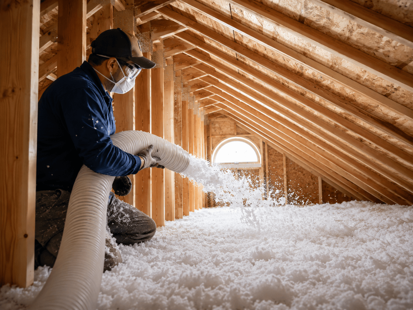 Technician inspecting attic insulation depth and coverage with professional equipment, Insulation in Arlington - TX being added across an attic floor during a home energy upgrade