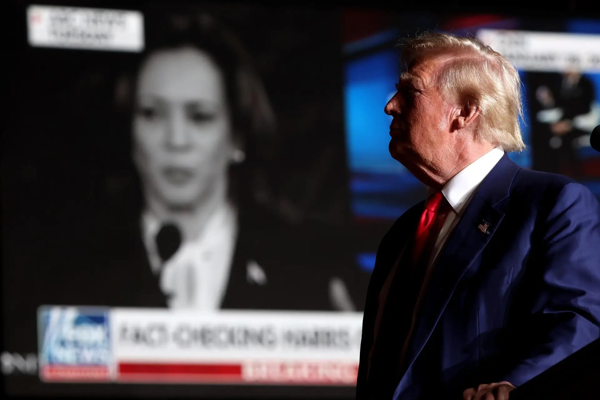 Republican presidential nominee Donald Trump watches a video of Vice President Kamala Harris, the Democratic nominee, during a campaign rally on Sept. 13, 2024, in Las Vegas, Nevada.Justin Sullivan—Getty Images