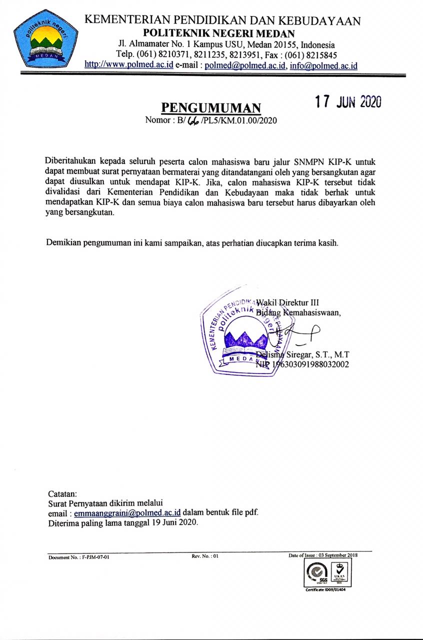 Poltekkes kemenkes kupang tahun akademik 2016/2017. Surat Pernyataan Untuk Calon Mahasiswa Baru Politeknik Negeri Medan Jalur Snmpn Kip K Politeknik Politeknik Negeri Medan