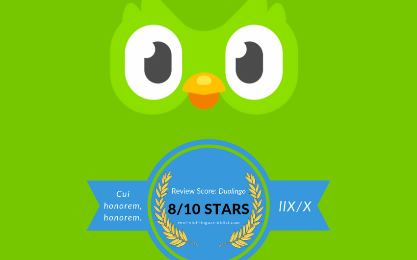 Duolingo Review header image portraying Duo and the Linguas Didici review badge