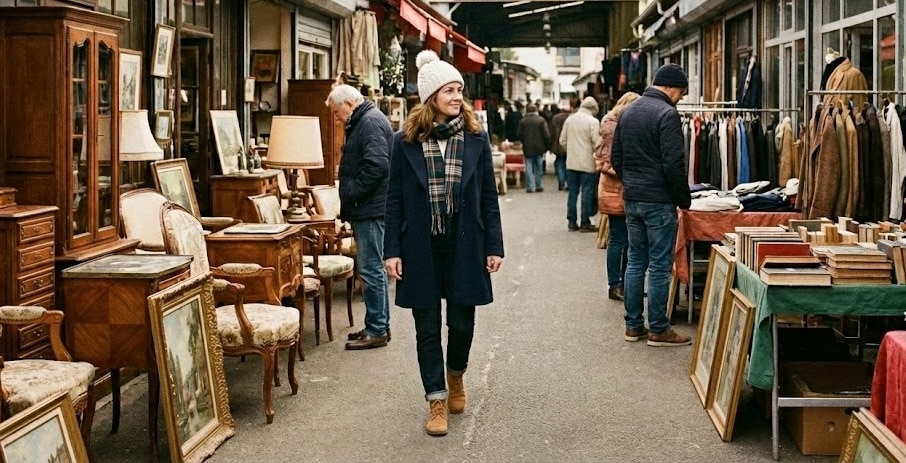 Une femme souriante se promenant parmi des stands d'antiquités sur un marché, entourée de visiteurs intéressés par des objets décoratifs et des meubles.
