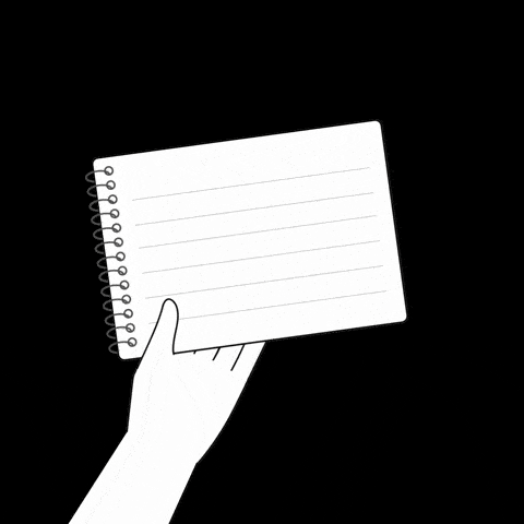 Animation d'une main tenant un carnet vide avec des lignes blanches.