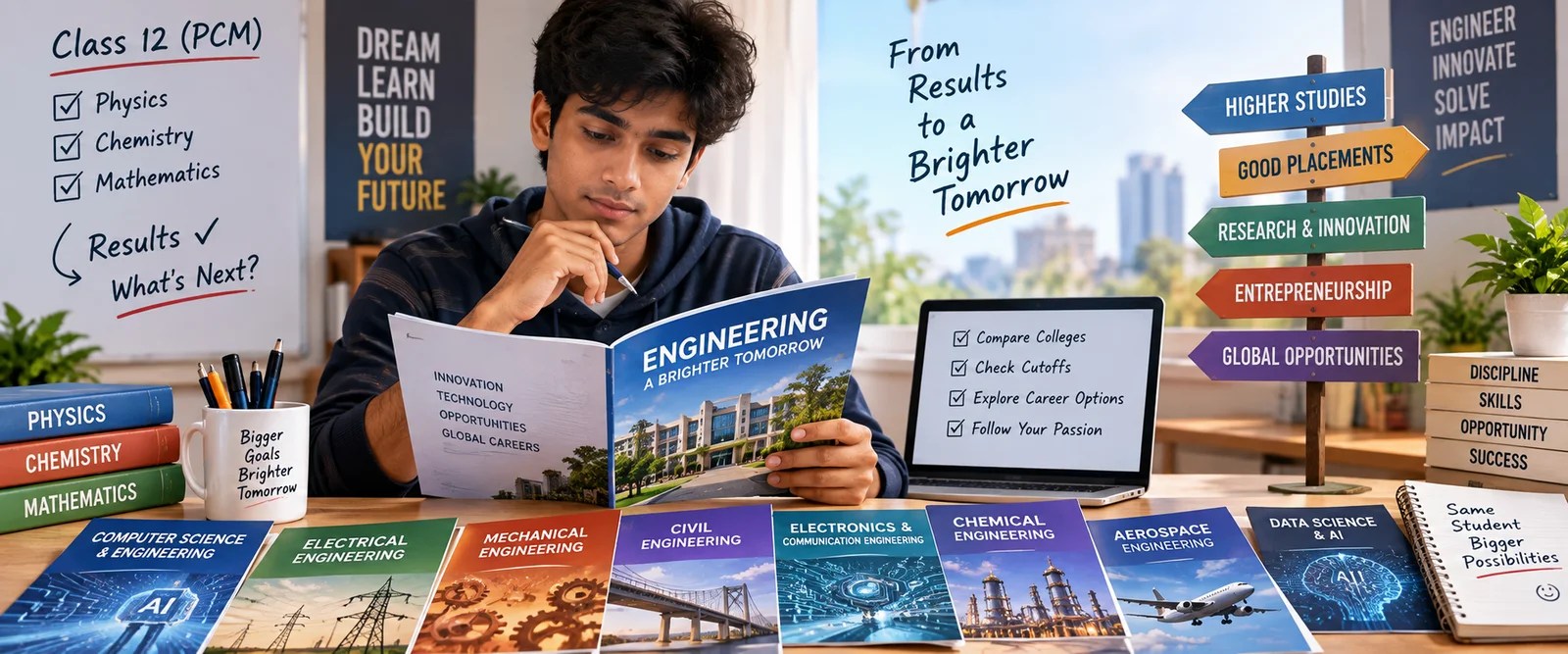 Indian Class 12 PCM student reviewing engineering branch brochures and career options after board exam results