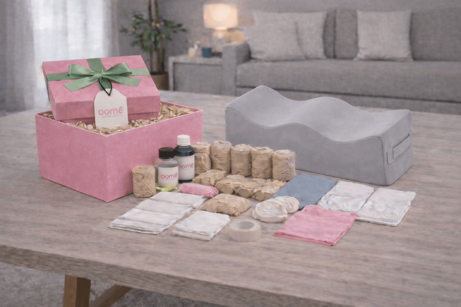 Essential BBL recovery kit with compression garment, BBL pillow, and core post-op support items.