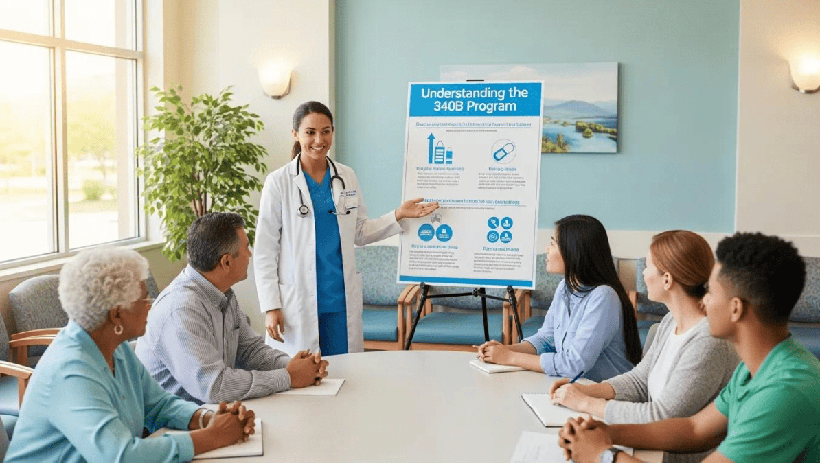 Doctor presenting 340B program overview and eligibility requirements to healthcare providers.