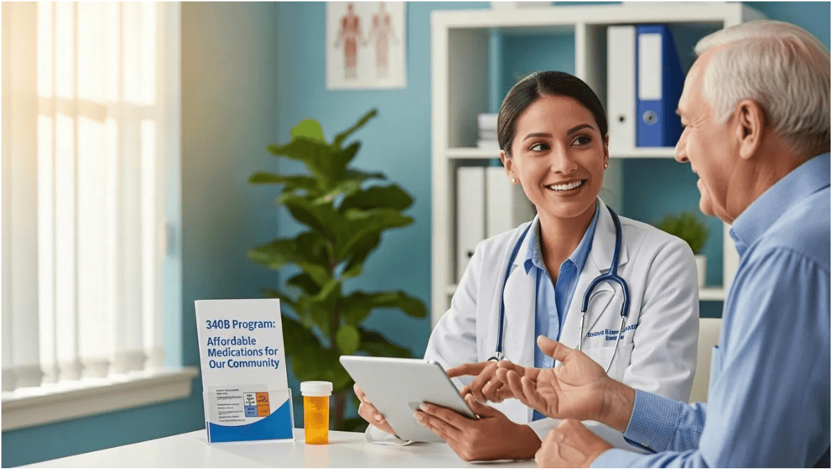 Doctor and patient discussing 340B program affordable medications and compliance.