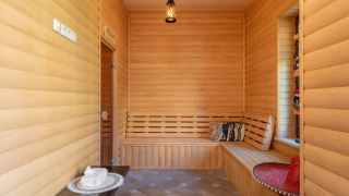 an empty wooden sauna