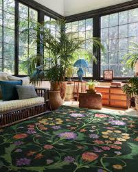 Green rug in well lit room with couch and plants