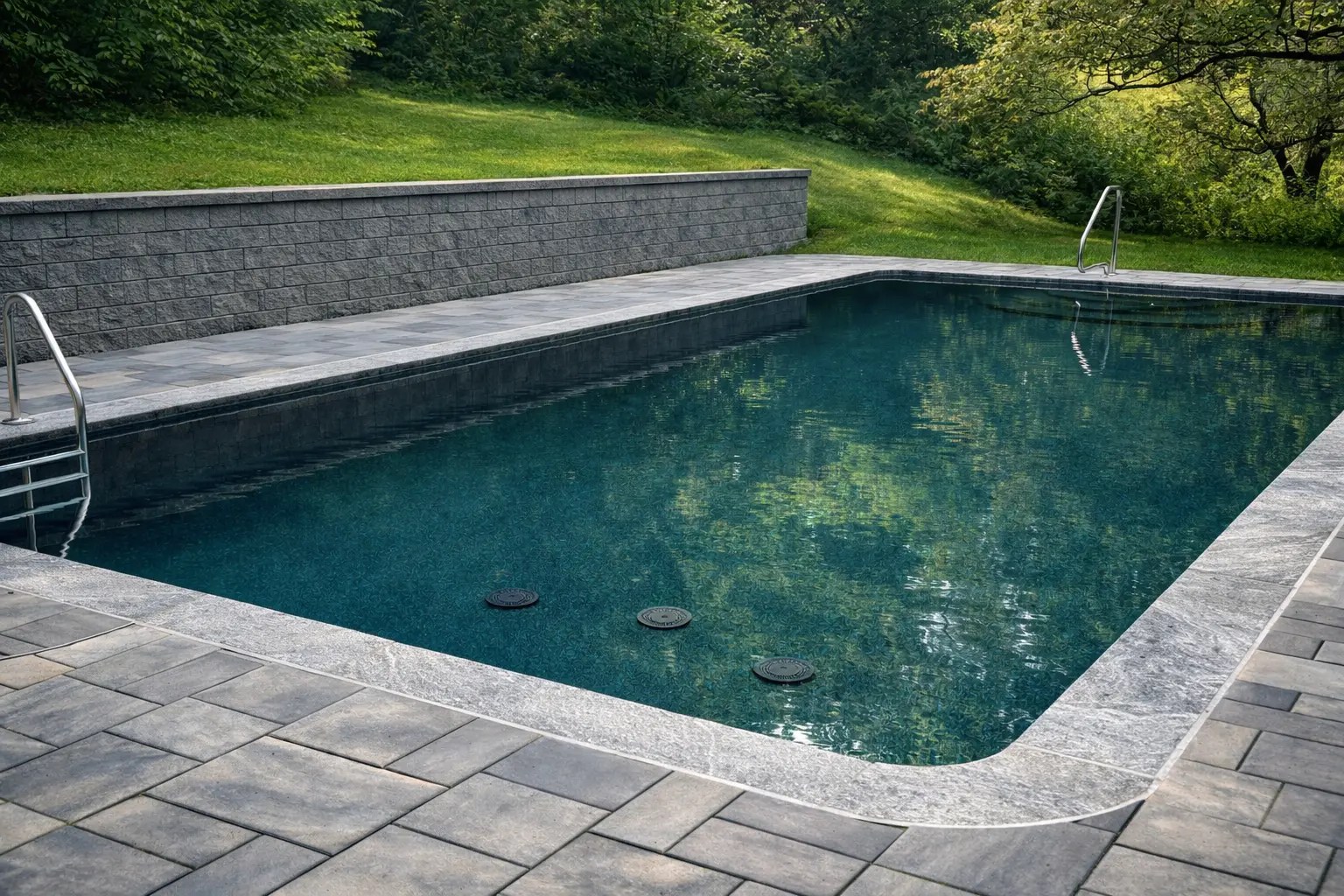 Gunite pool repair and renovation in Connecticut with dark interior finish and updated coping
