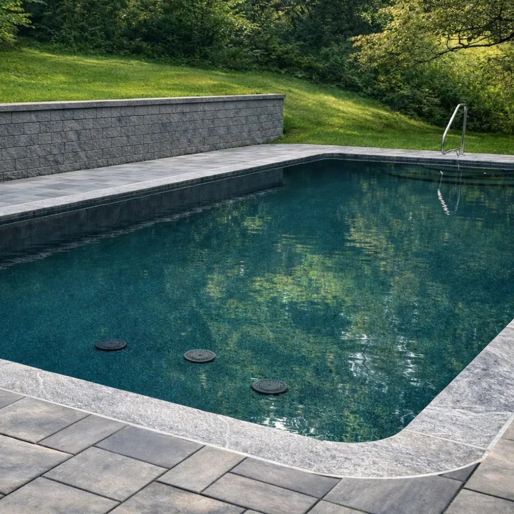 Renovated inground pool in Connecticut featuring updated coping, fresh plaster finish, and clear water