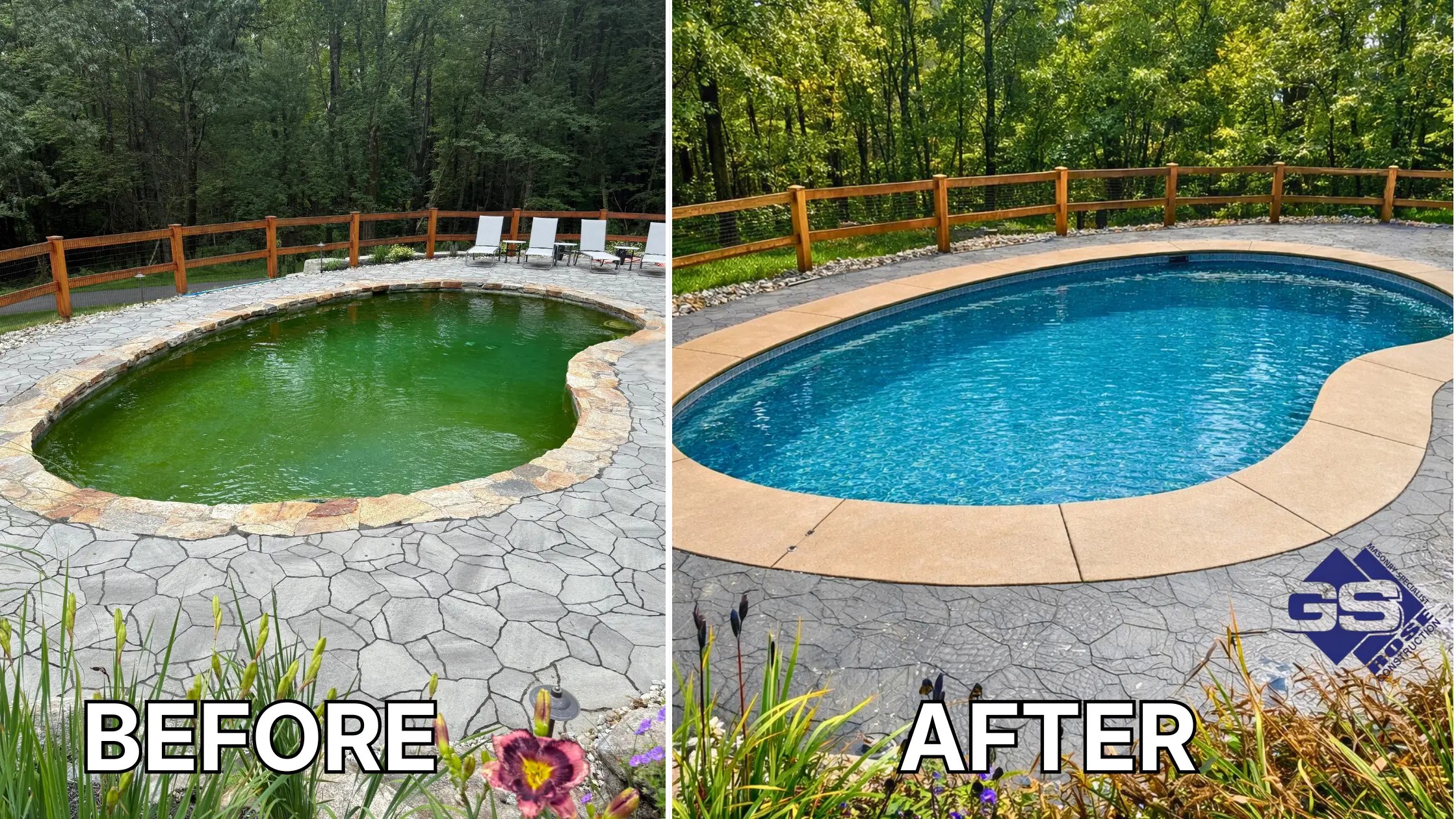 Before and after concrete pool repair in Connecticut showing structural restoration and resurfacing
